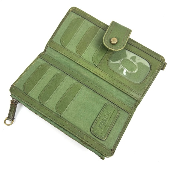 Vintage Fossil Wallet Womens Green Leather Bi-Fold Snap Wallet Y2K Retro Casual - Picture 4 of 7